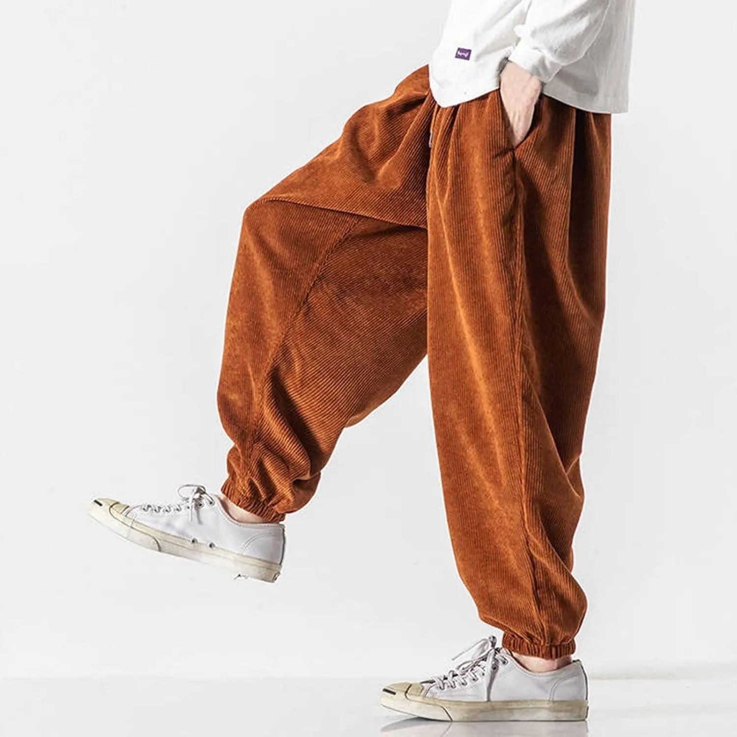 Corduroy Harem Pants for Men Relaxed Fit Plus Size Hip Hop Tapered Trousers Autumn and Winter Loose Fit Stretch Casual Pants