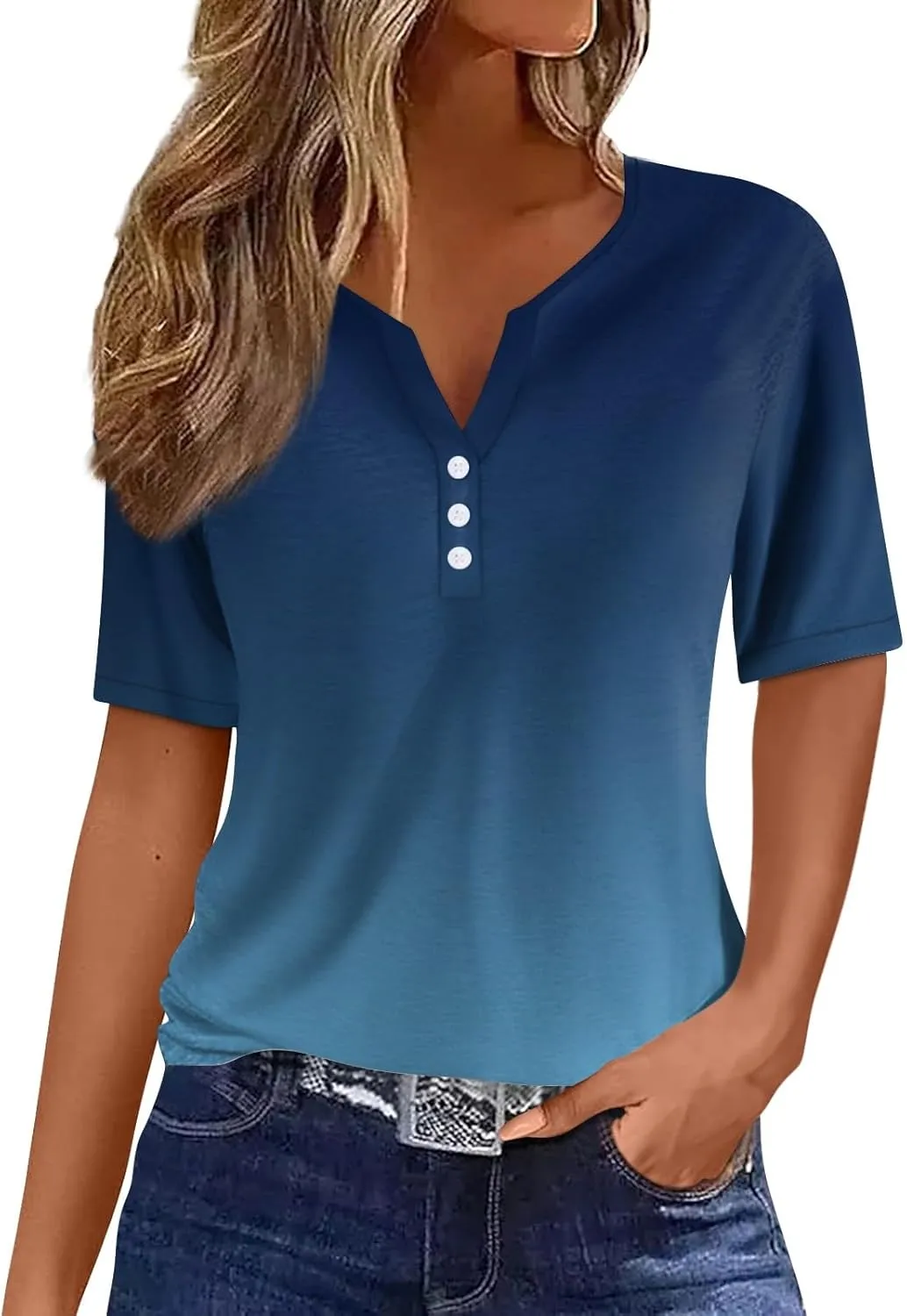 COTECRAM Summer Tops for Women 2024 Short Sleeve Button V Neck Tshirts Trendy Dressy Casual Blouses Loose Fit Graphic Tunics