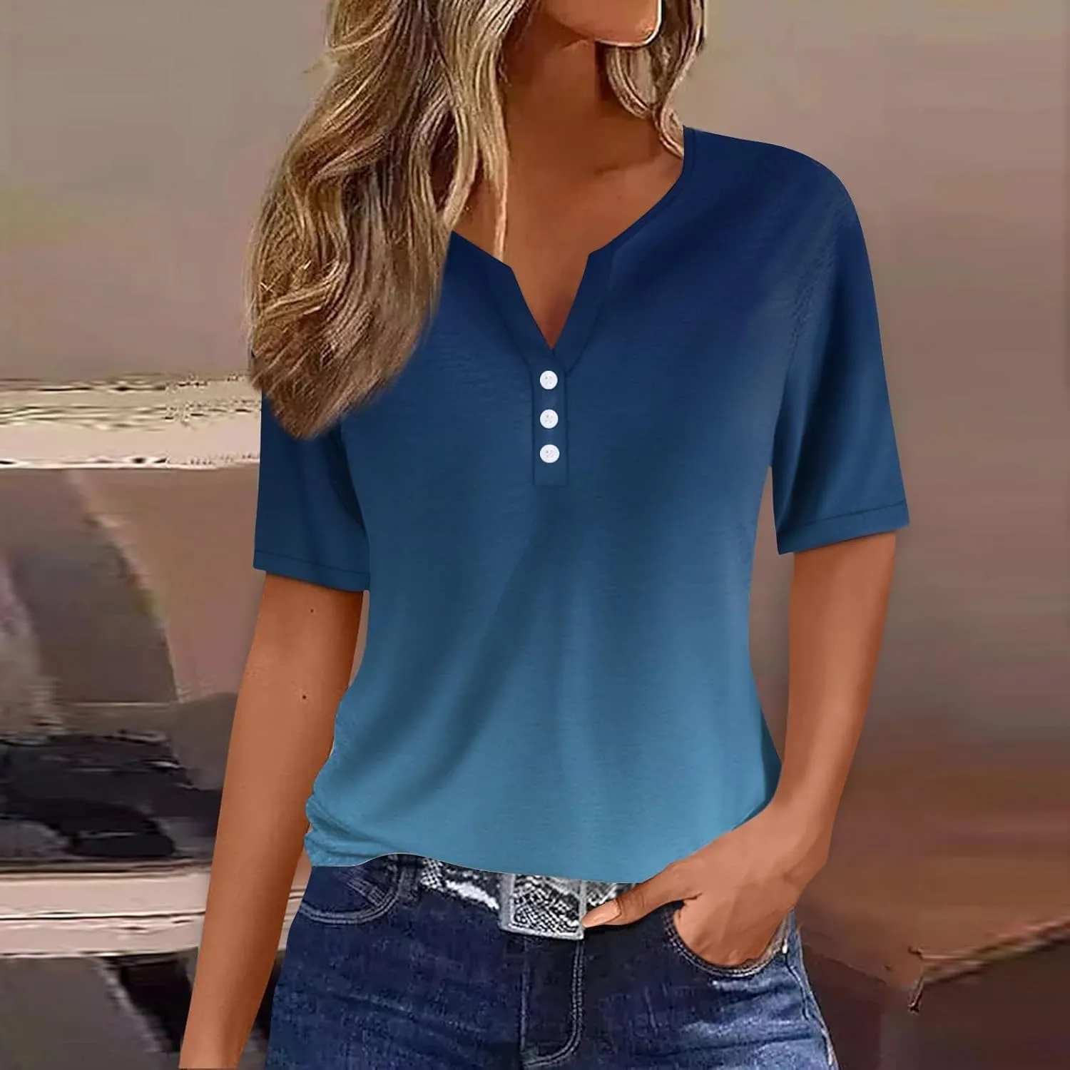 COTECRAM Summer Tops for Women 2024 Short Sleeve Button V Neck Tshirts Trendy Dressy Casual Blouses Loose Fit Graphic Tunics