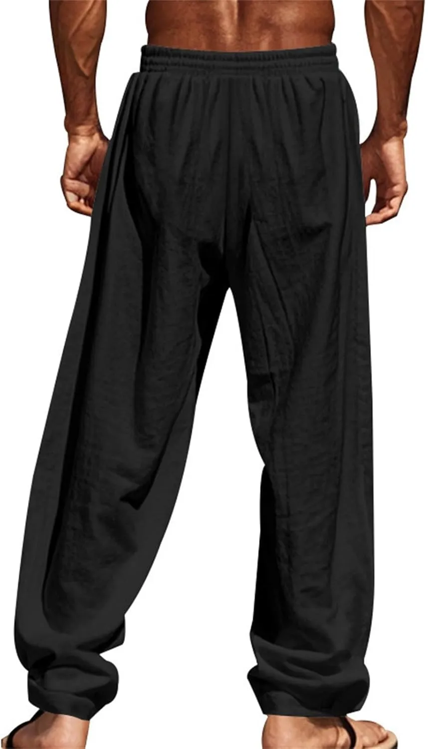 Cotton Linen Cargo Pants for Men America Flag Print Summer Casual Elastic Waist Pant with Pockets Boho Beach Trousers