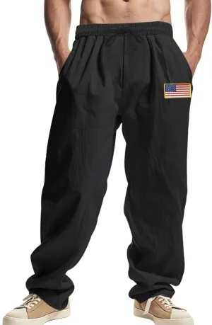 Cotton Linen Cargo Pants for Men America Flag Print Summer Casual Elastic Waist Pant with Pockets Boho Beach Trousers