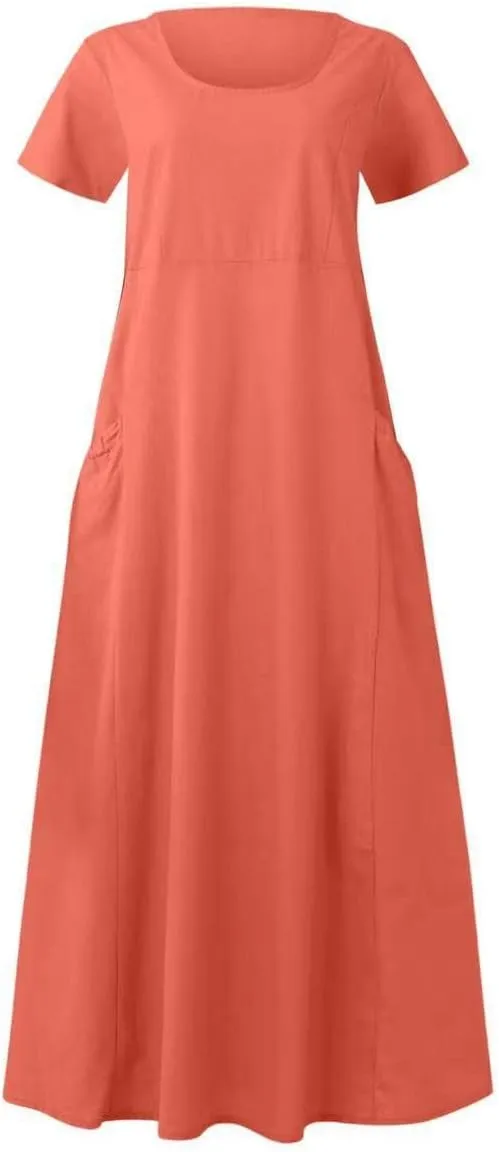 Cotton Linen Dresses for Women 2024 Trendy Casual Summer Dress Short Sleeve Flowy Maxi Dresses Boho Vacation Clothing