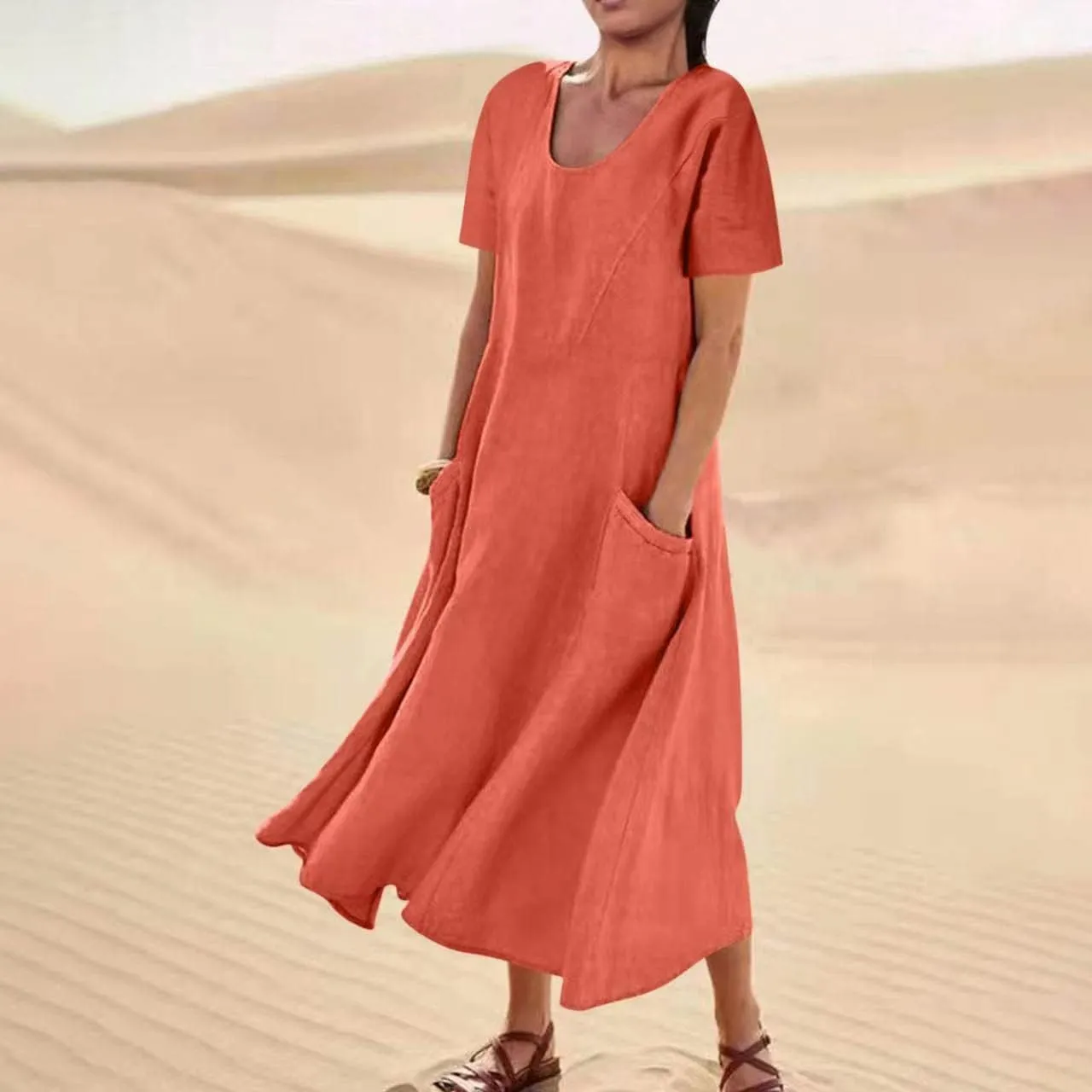 Cotton Linen Dresses for Women 2024 Trendy Casual Summer Dress Short Sleeve Flowy Maxi Dresses Boho Vacation Clothing