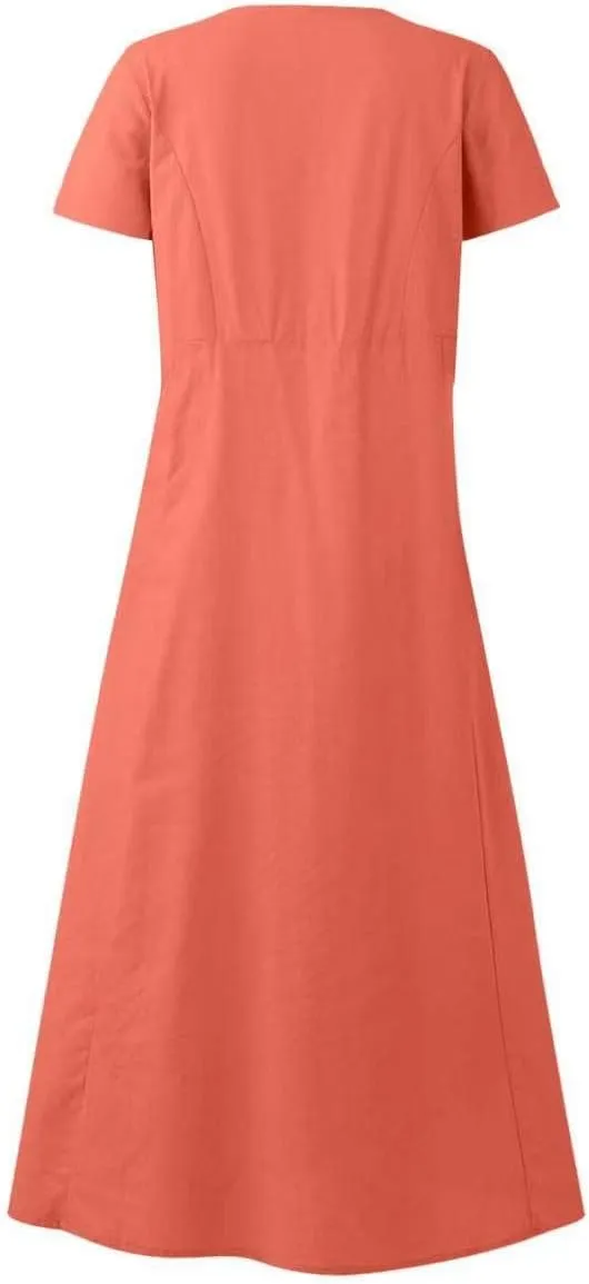 Cotton Linen Dresses for Women 2024 Trendy Casual Summer Dress Short Sleeve Flowy Maxi Dresses Boho Vacation Clothing
