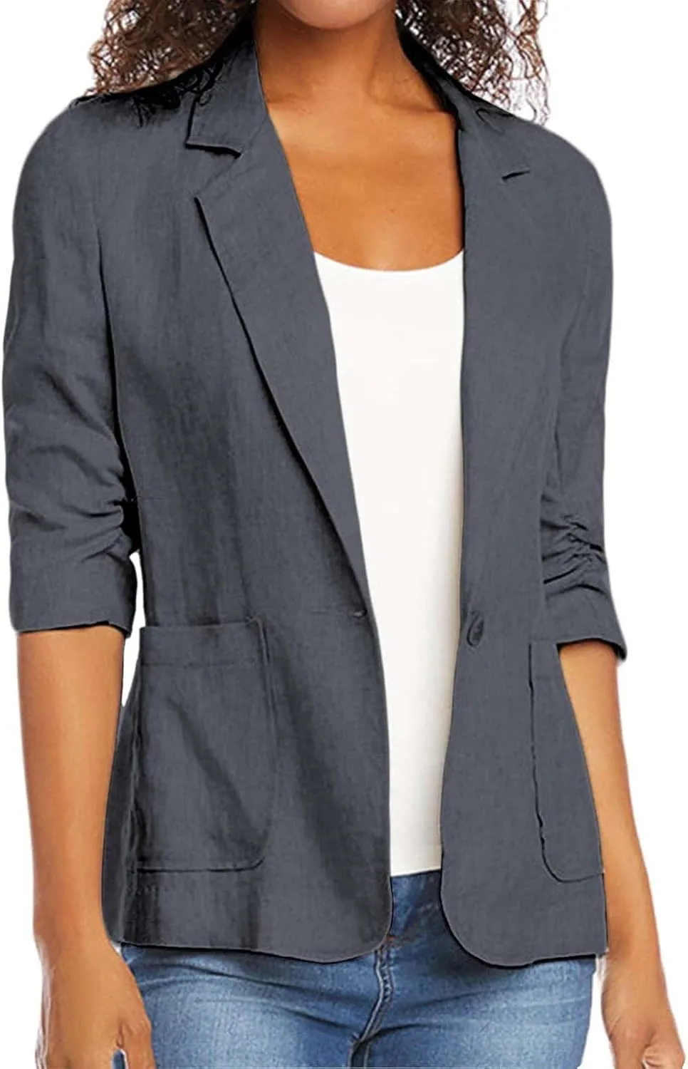 Cotton Linen Open Front Single Button Blazers for Women 3/4 Sleeve Casual Lapel Suit Jacket Solid Cardigan Blazer