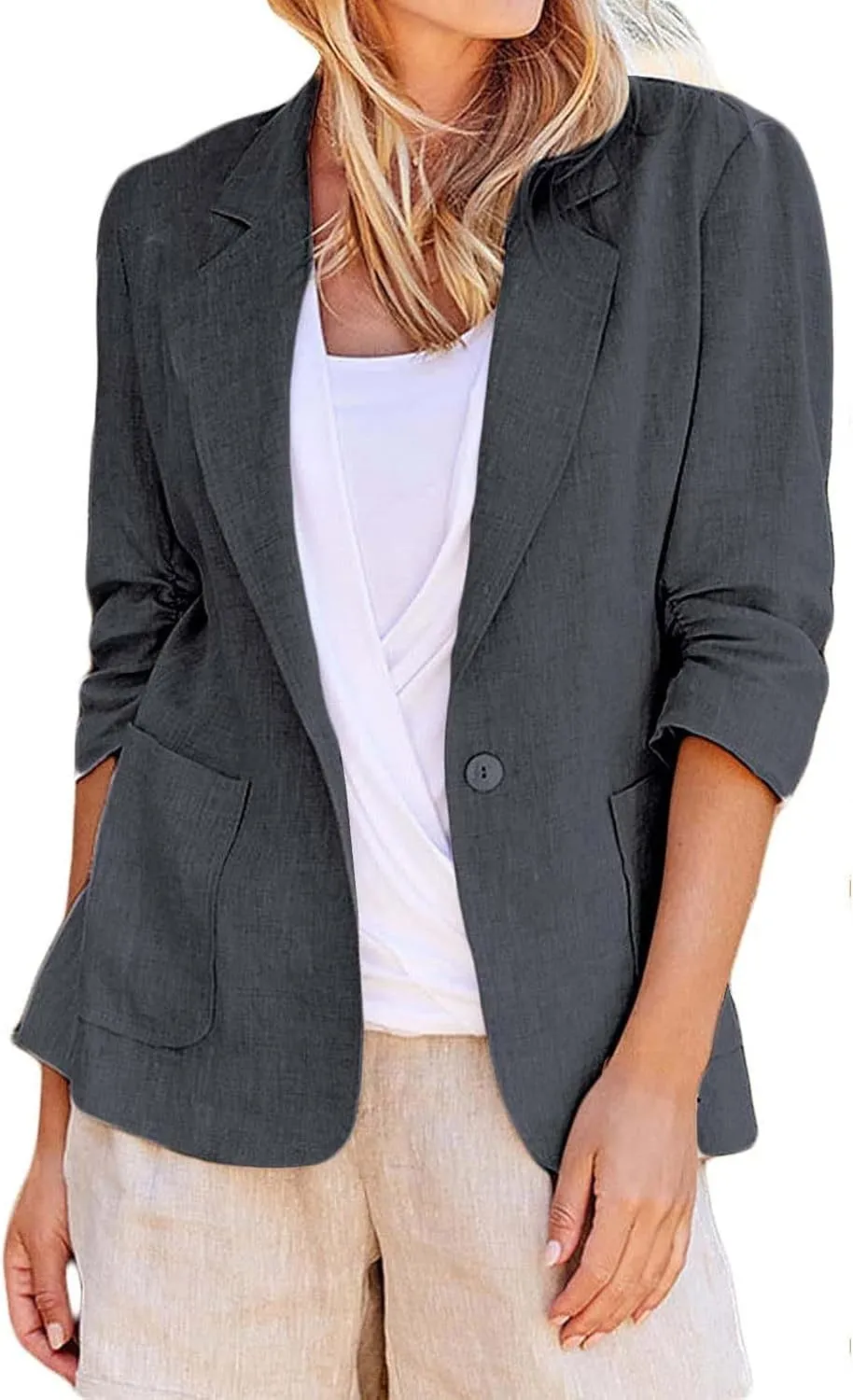 Cotton Linen Open Front Single Button Blazers for Women 3/4 Sleeve Casual Lapel Suit Jacket Solid Cardigan Blazer