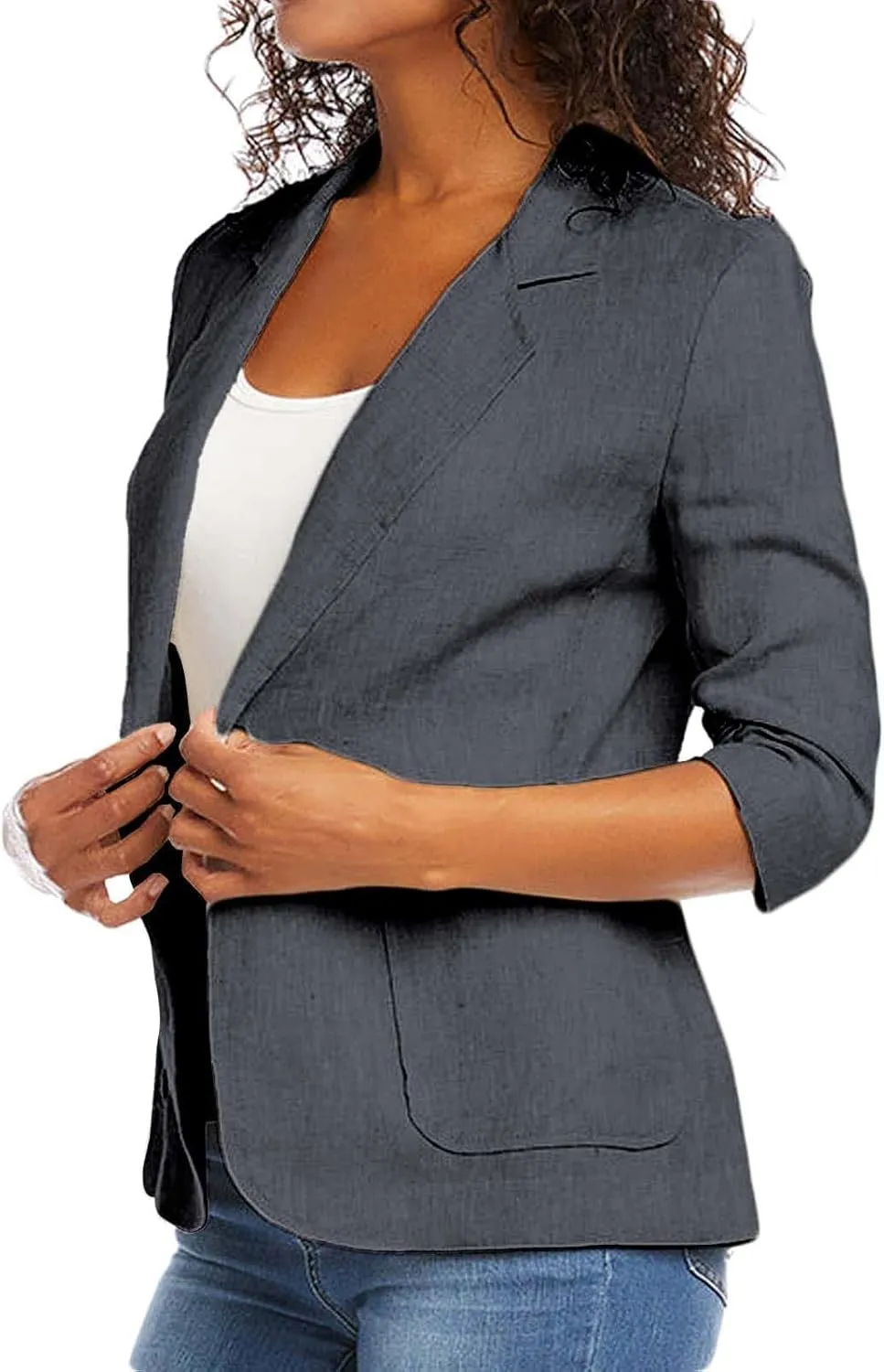 Cotton Linen Open Front Single Button Blazers for Women 3/4 Sleeve Casual Lapel Suit Jacket Solid Cardigan Blazer