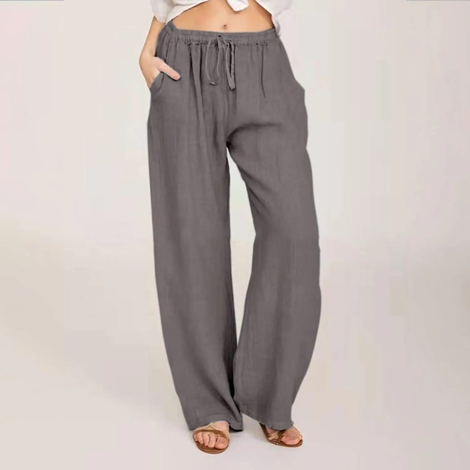 Cotton Linen Pants for Women Lightweight High Waisted Pants Tie Knot Wide Leg Pants Summer Lounge Pants with Pockets