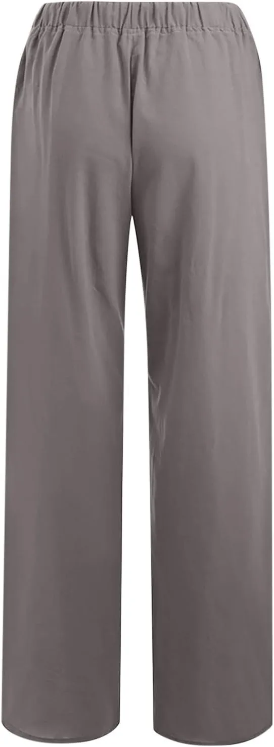 Cotton Linen Pants for Women Lightweight High Waisted Pants Tie Knot Wide Leg Pants Summer Lounge Pants with Pockets