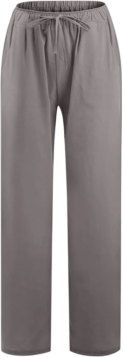 Cotton Linen Pants for Women Lightweight High Waisted Pants Tie Knot Wide Leg Pants Summer Lounge Pants with Pockets