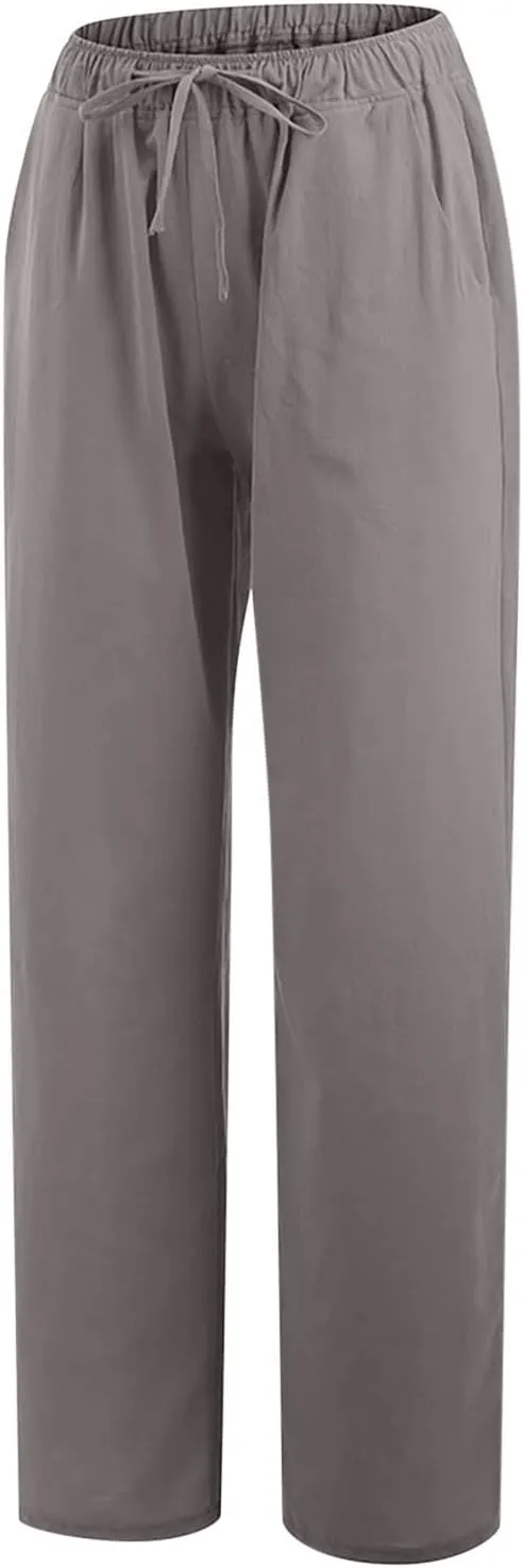 Cotton Linen Pants for Women Lightweight High Waisted Pants Tie Knot Wide Leg Pants Summer Lounge Pants with Pockets