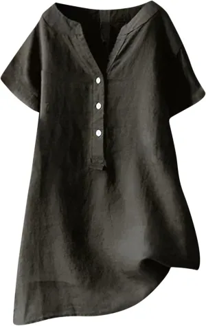 Cotton Linen Shirts for Women Buttons V Neck Short Sleeve Tshirt Trendy Dressy Blouses Casual Loose Tunic Tops