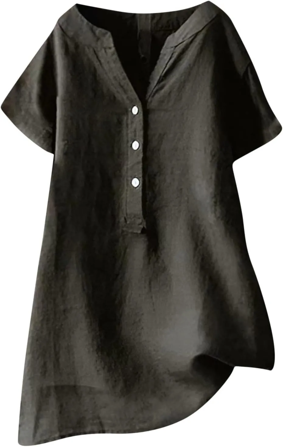 Cotton Linen Shirts for Women Buttons V Neck Short Sleeve Tshirt Trendy Dressy Blouses Casual Loose Tunic Tops
