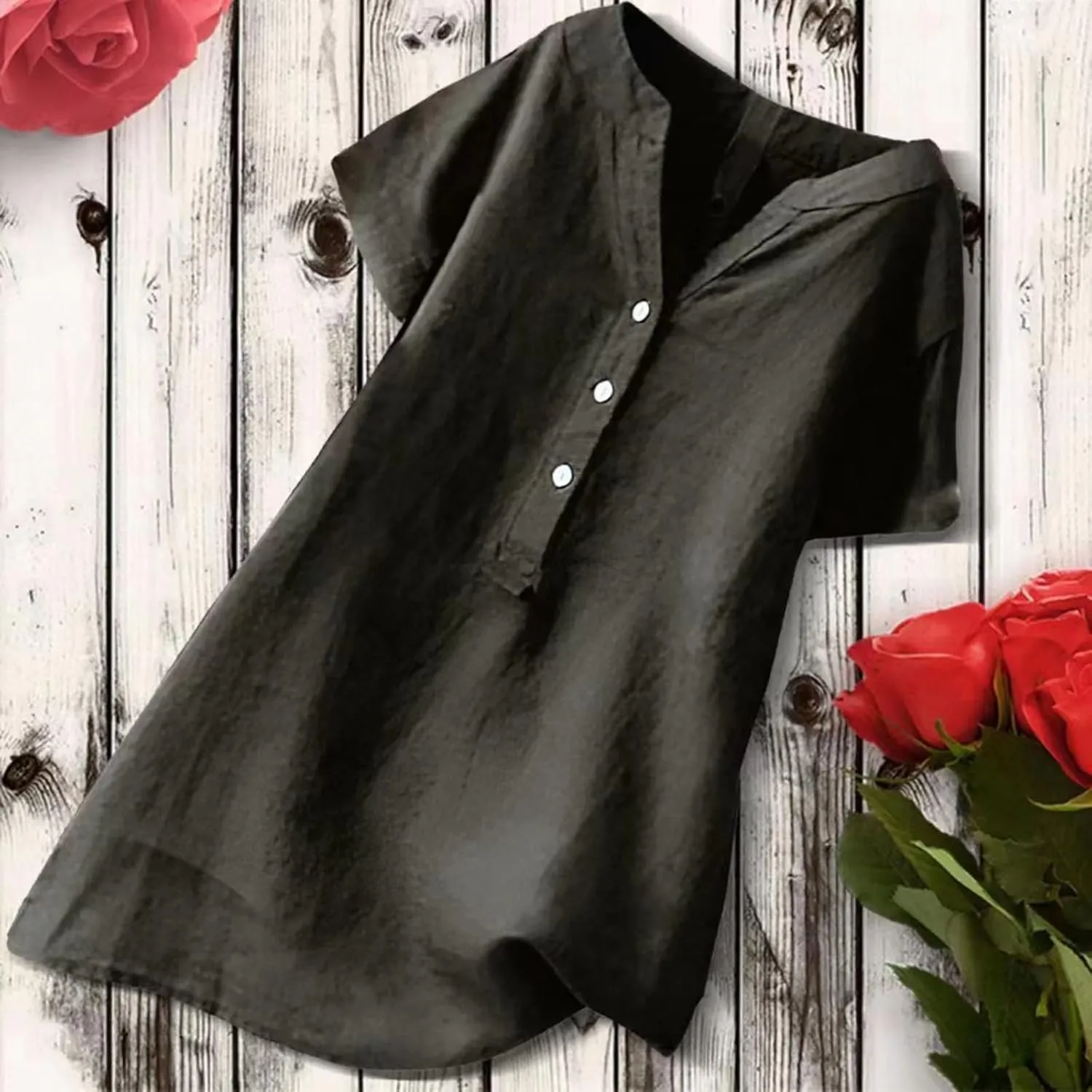 Cotton Linen Shirts for Women Buttons V Neck Short Sleeve Tshirt Trendy Dressy Blouses Casual Loose Tunic Tops