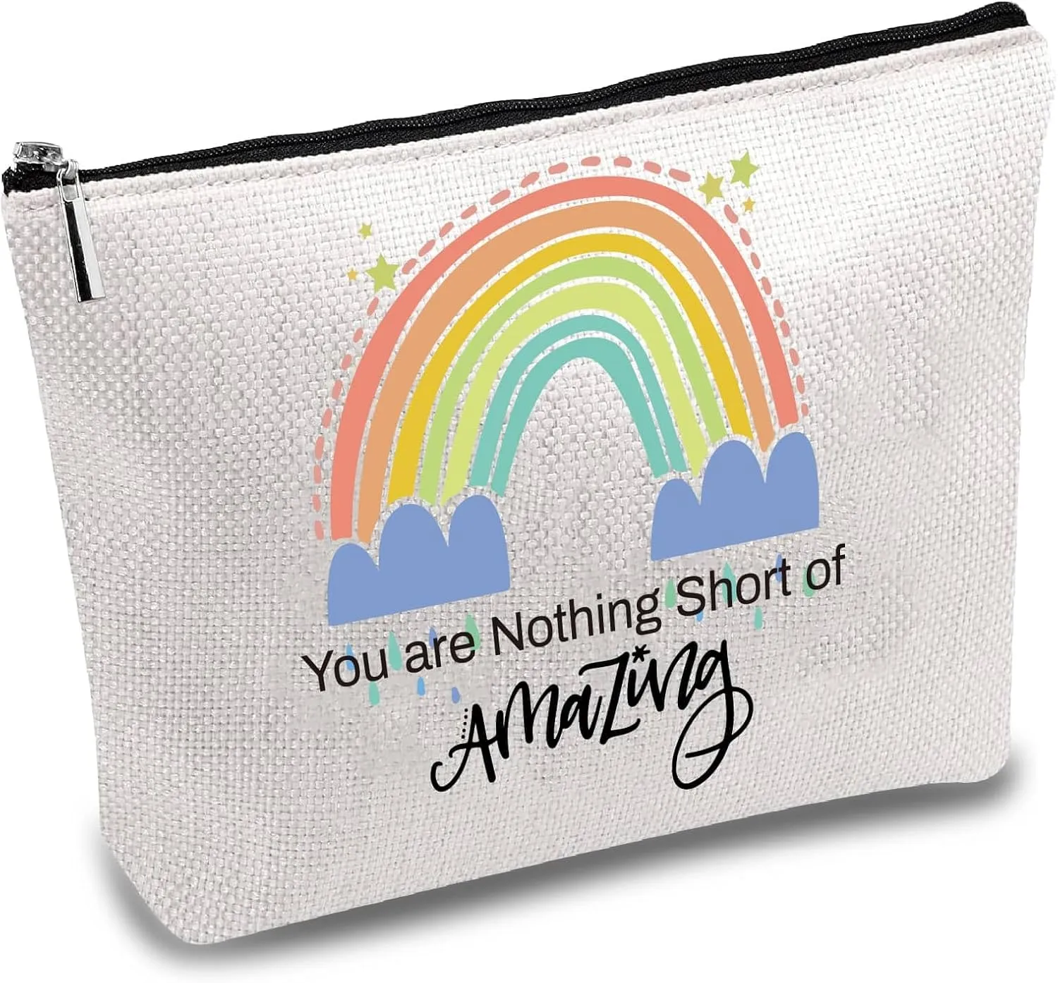 CREATCABIN Rainbow Canvas Makeup Bags Cosmetic Bag Zipper Pouches Toiletry Travel Bag Purse for Women Teacher Friend Birthday Inspirational Encouragement Gift 10x7Inch-You Are Nothing Short of Amazing