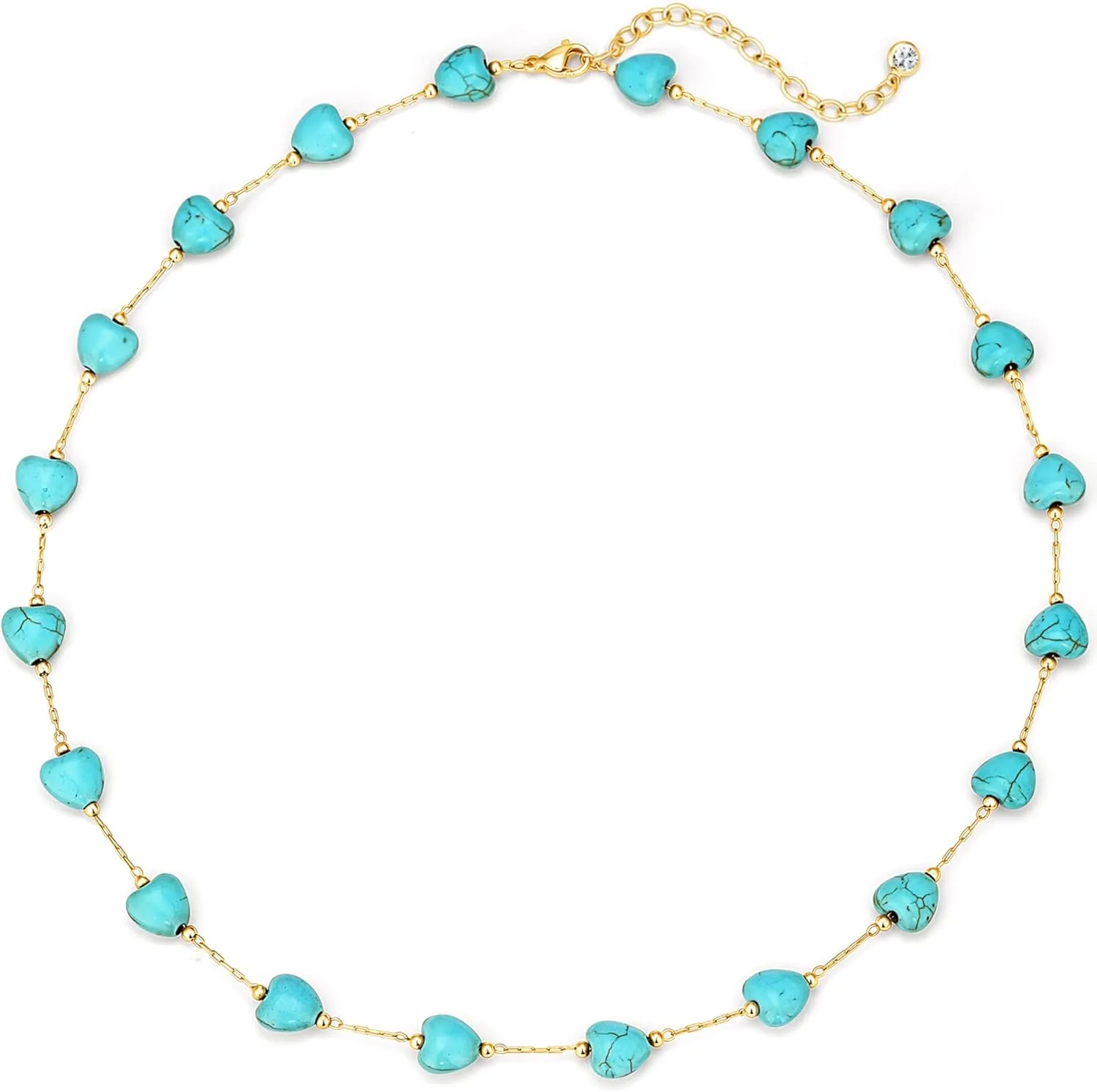 Created Turquoise Necklace for Women 14K Gold Plated Beaded Heart Choker Boho Necklaces Handmade Beach Summer Everyday Gold Jewelry Gifts
