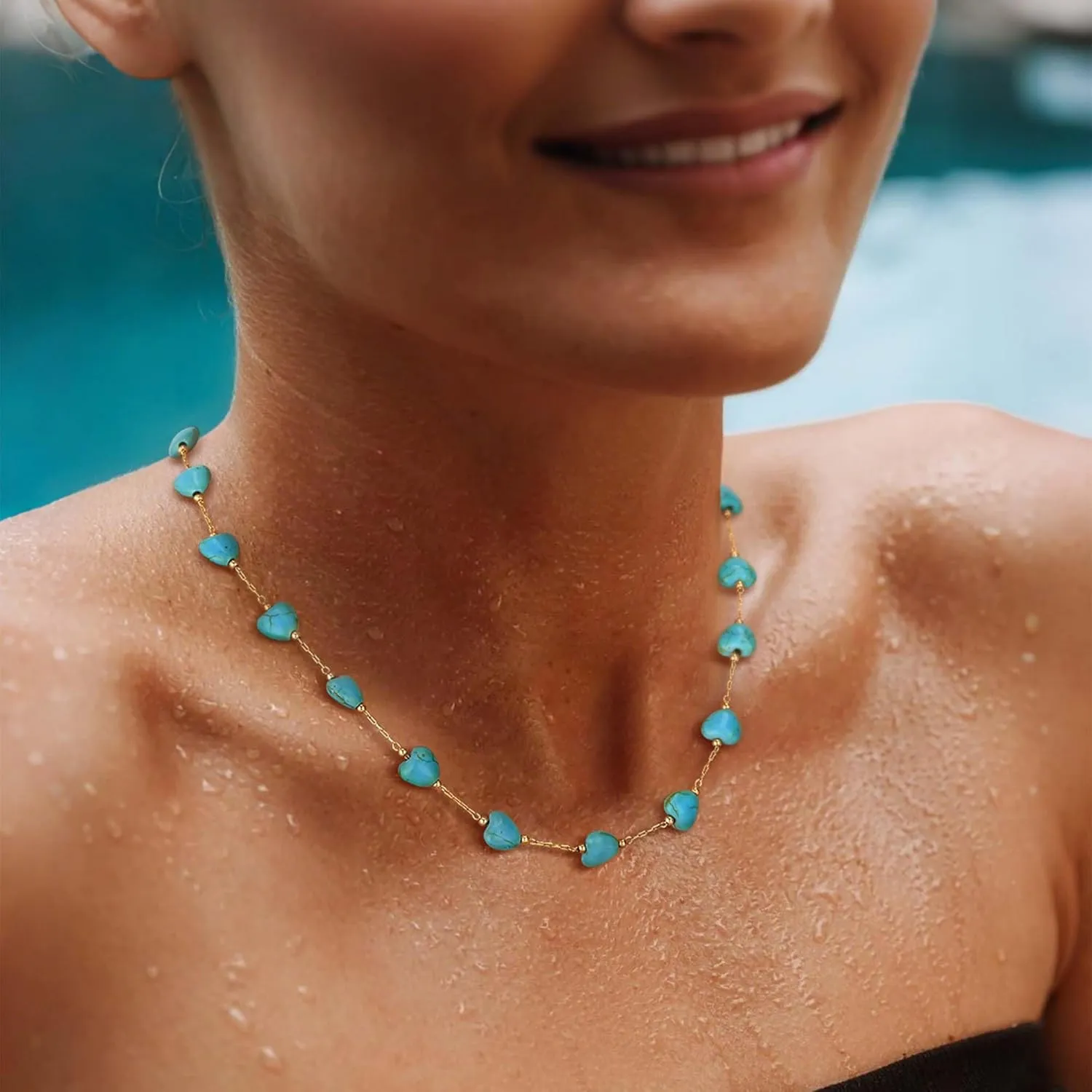 Created Turquoise Necklace for Women 14K Gold Plated Beaded Heart Choker Boho Necklaces Handmade Beach Summer Everyday Gold Jewelry Gifts