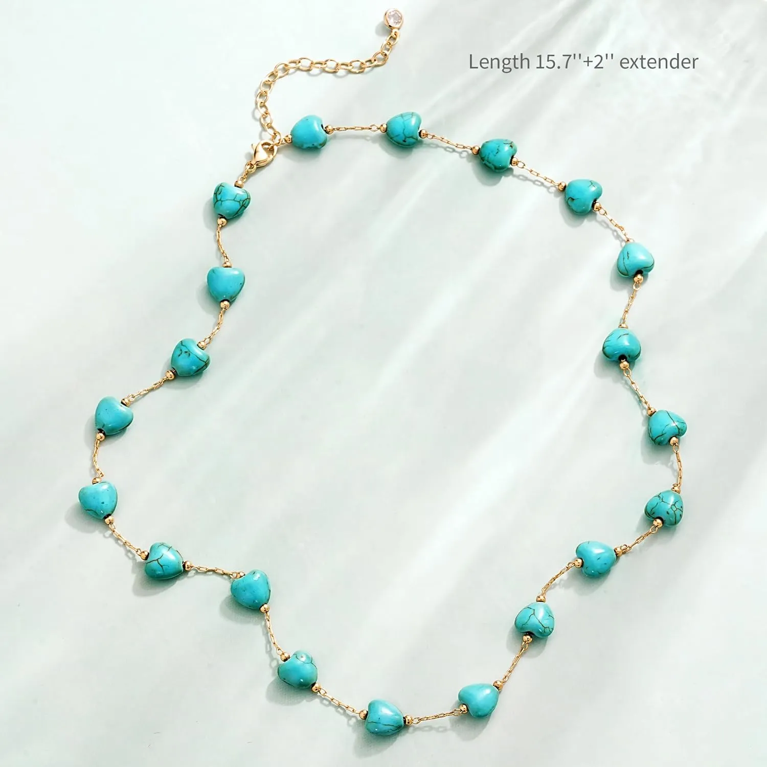 Created Turquoise Necklace for Women 14K Gold Plated Beaded Heart Choker Boho Necklaces Handmade Beach Summer Everyday Gold Jewelry Gifts