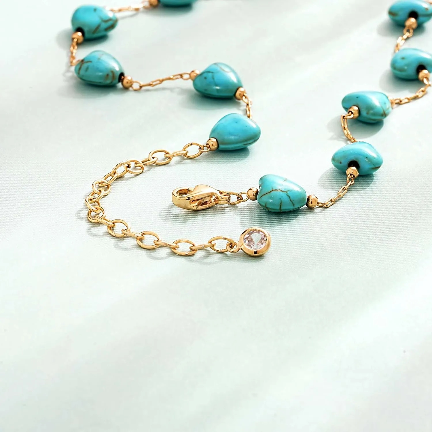 Created Turquoise Necklace for Women 14K Gold Plated Beaded Heart Choker Boho Necklaces Handmade Beach Summer Everyday Gold Jewelry Gifts
