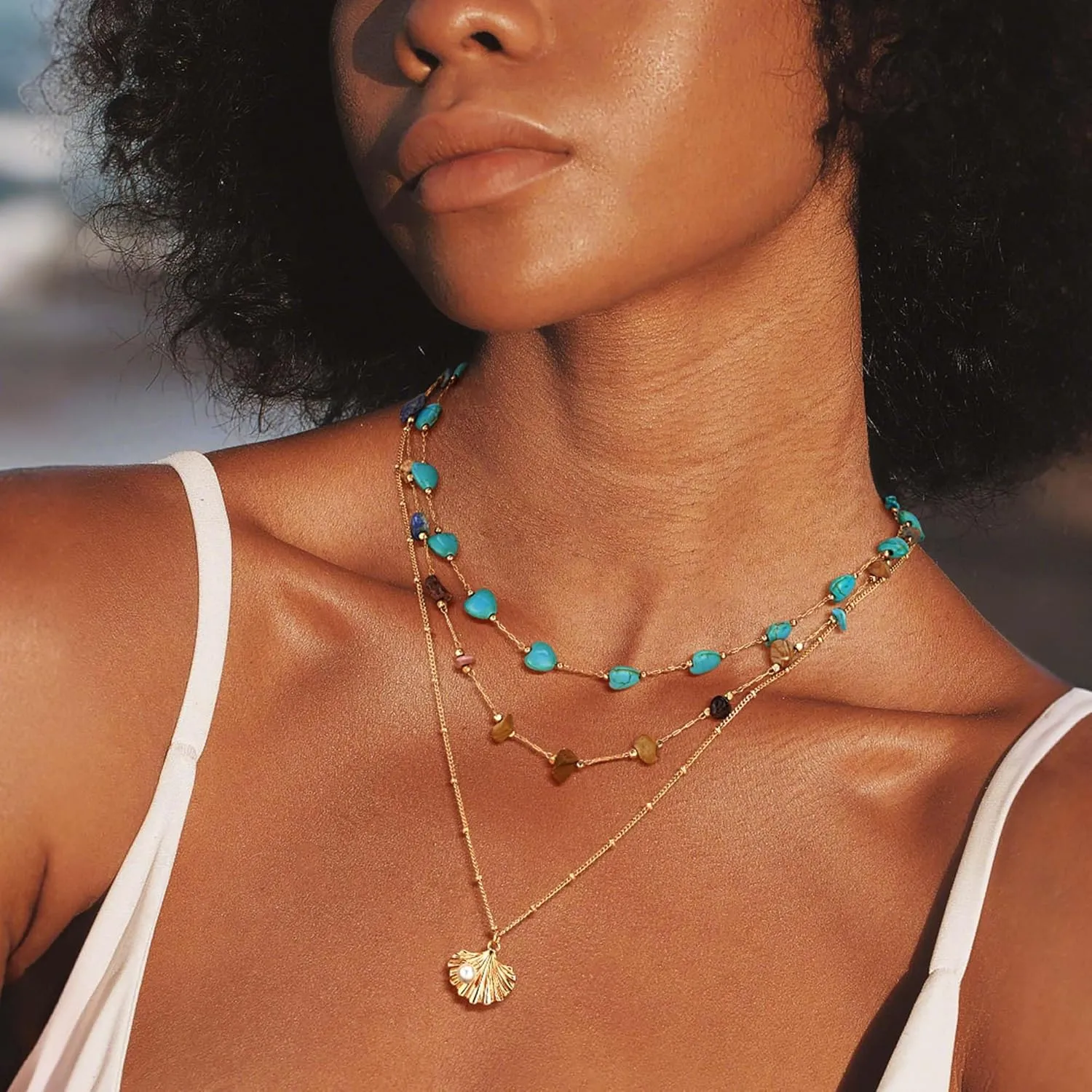 Created Turquoise Necklace for Women 14K Gold Plated Beaded Heart Choker Boho Necklaces Handmade Beach Summer Everyday Gold Jewelry Gifts
