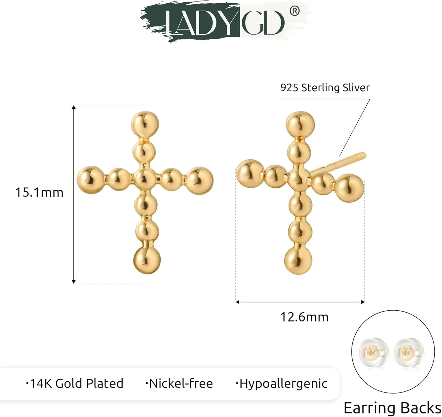 Cross Stud Earrings for Women Trendy 14K Gold Plated Sterling Silver Post Cubic Zirconia Cross Earrings Hypoallergenic Gold Jewelry Gifts