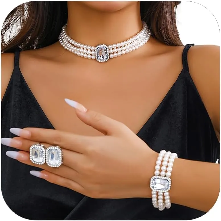 Crystal Choker Necklace for Women Earring Necklace&Bracelet Set Fashion Gemstone Pearl Necklace for Party and Wedding