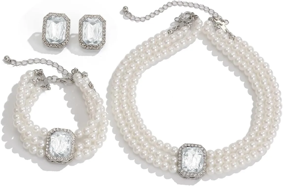 Crystal Choker Necklace for Women Earring Necklace&Bracelet Set Fashion Gemstone Pearl Necklace for Party and Wedding