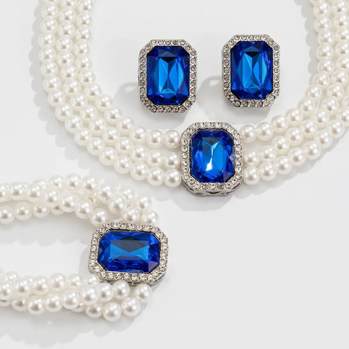 Crystal Choker Necklace for Women Earring Necklace&Bracelet Set Fashion Gemstone Pearl Necklace for Party and Wedding