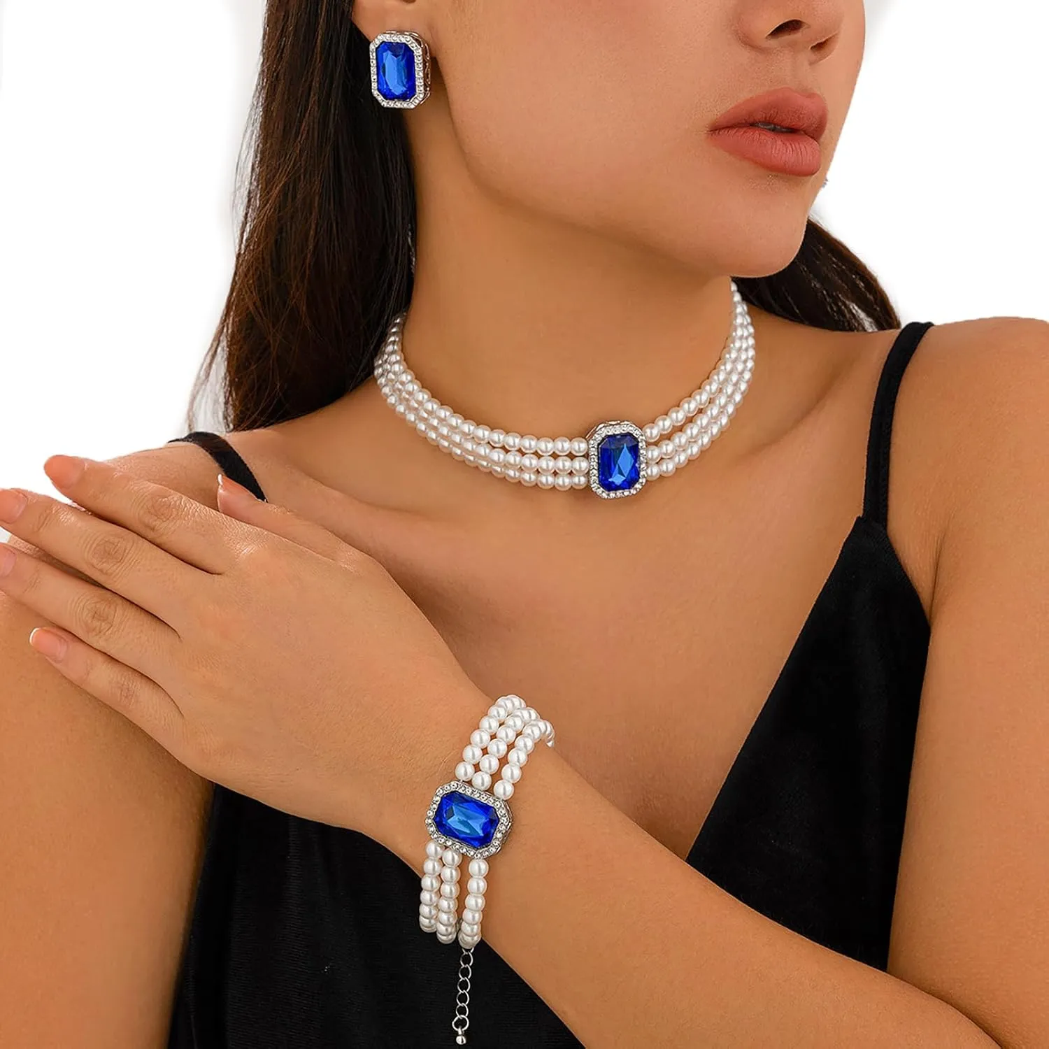 Crystal Choker Necklace for Women Earring Necklace&Bracelet Set Fashion Gemstone Pearl Necklace for Party and Wedding