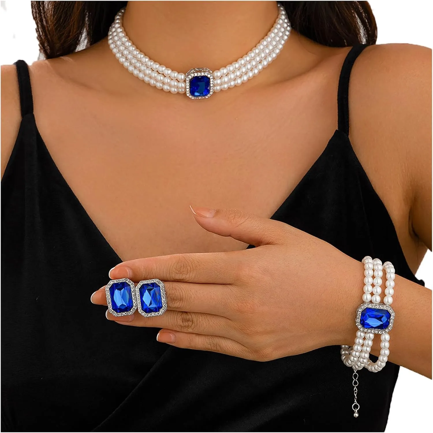 Crystal Choker Necklace for Women Earring Necklace&Bracelet Set Fashion Gemstone Pearl Necklace for Party and Wedding