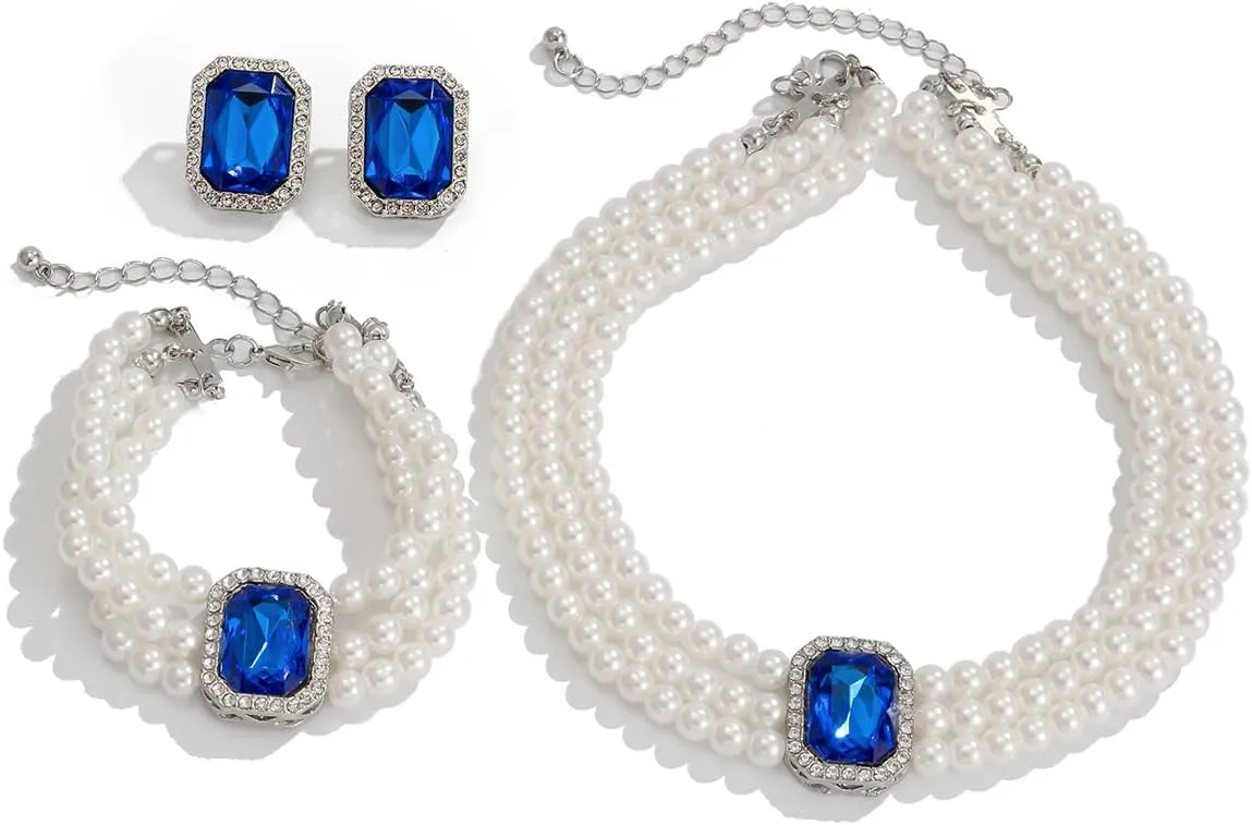 Crystal Choker Necklace for Women Earring Necklace&Bracelet Set Fashion Gemstone Pearl Necklace for Party and Wedding