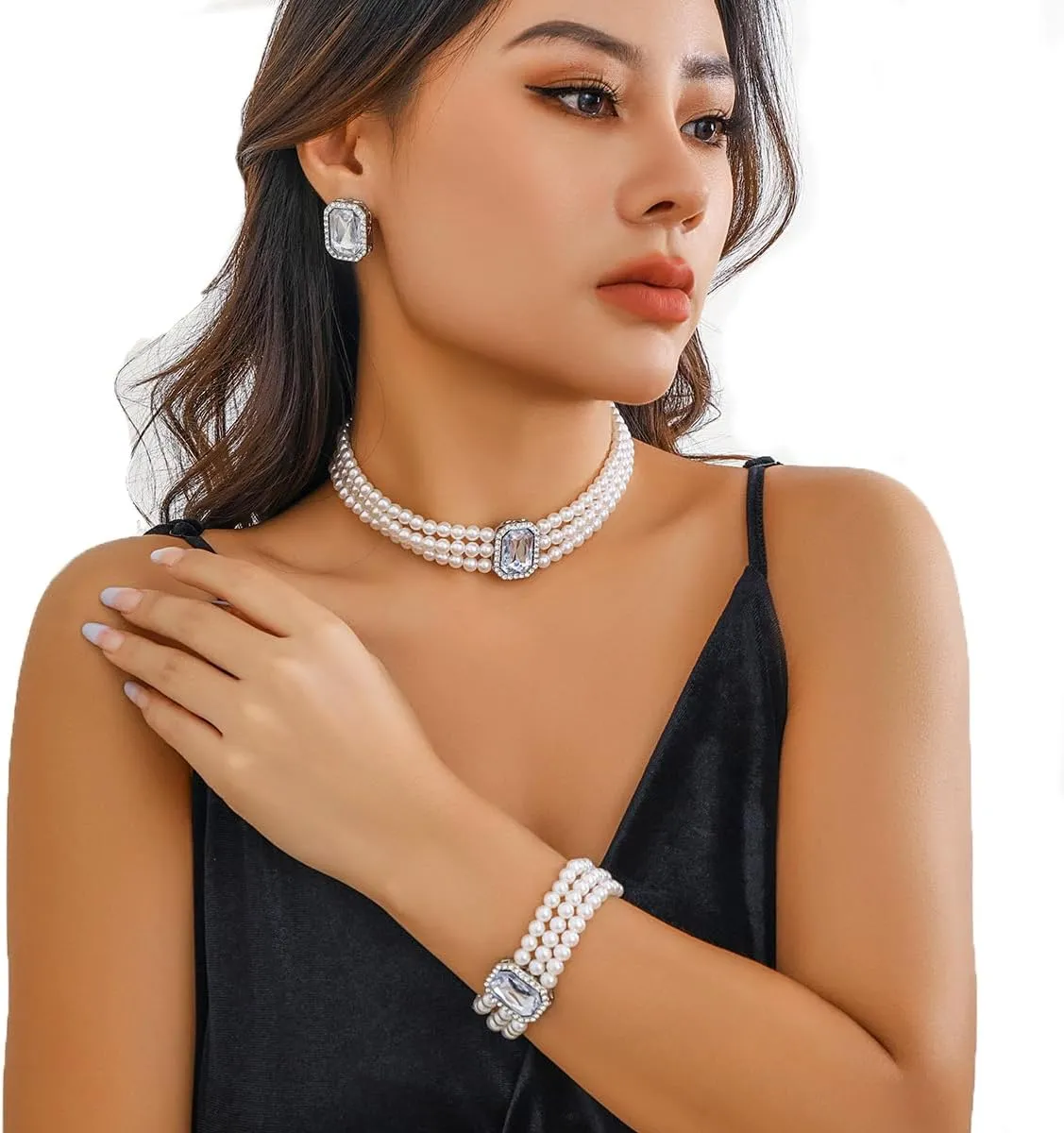 Crystal Choker Necklace for Women Earring Necklace&Bracelet Set Fashion Gemstone Pearl Necklace for Party and Wedding