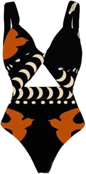 Cut Out Vintage Swimsuit Monokini for Womens Birds Print Cut Out Modest Swimwear V Neck Tummy Control Bathing Suits