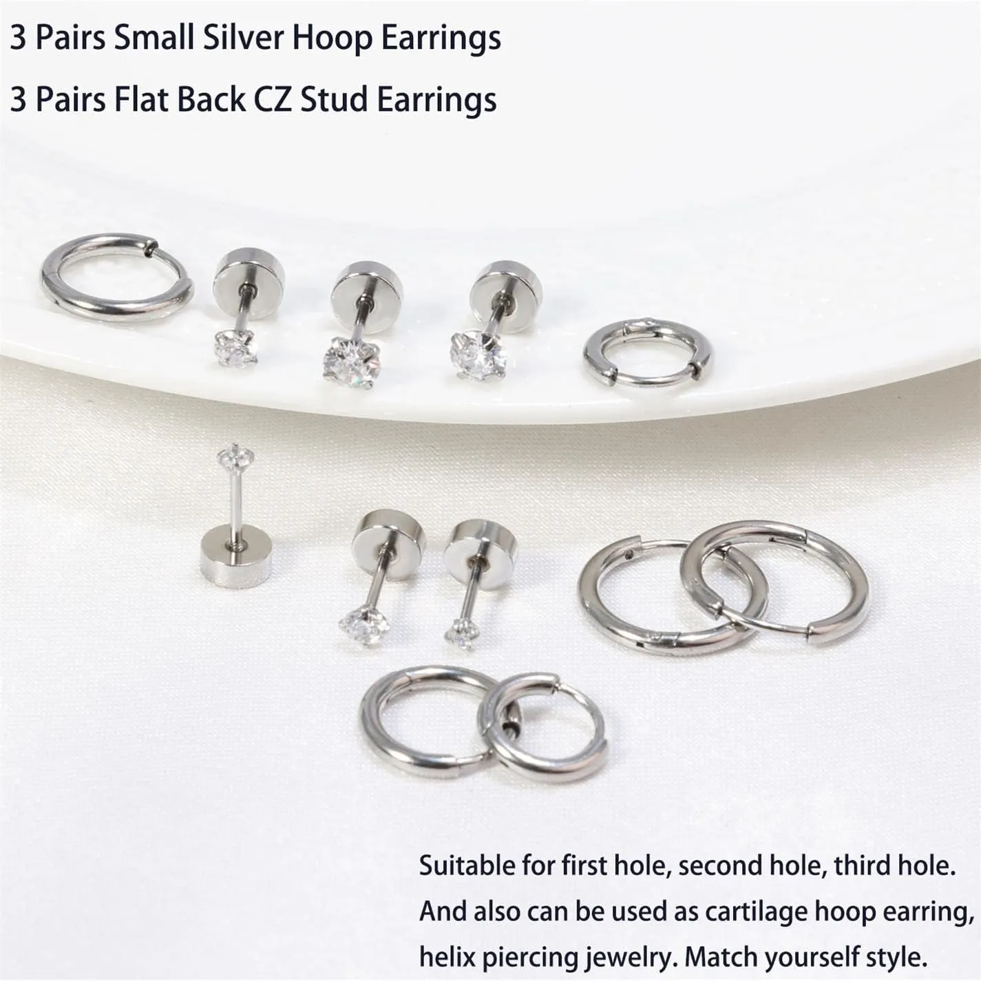 Dainty 6 Pairs Surgical Steel Earrings Sets for Multiple Piercing, Lightweight 14K Gold Plated Small Huggie Hoop Earrings, Flat Back Tiny Ball CZ Stud Earrings for Cartilage, Helix, Lobe, Hypoallergenic