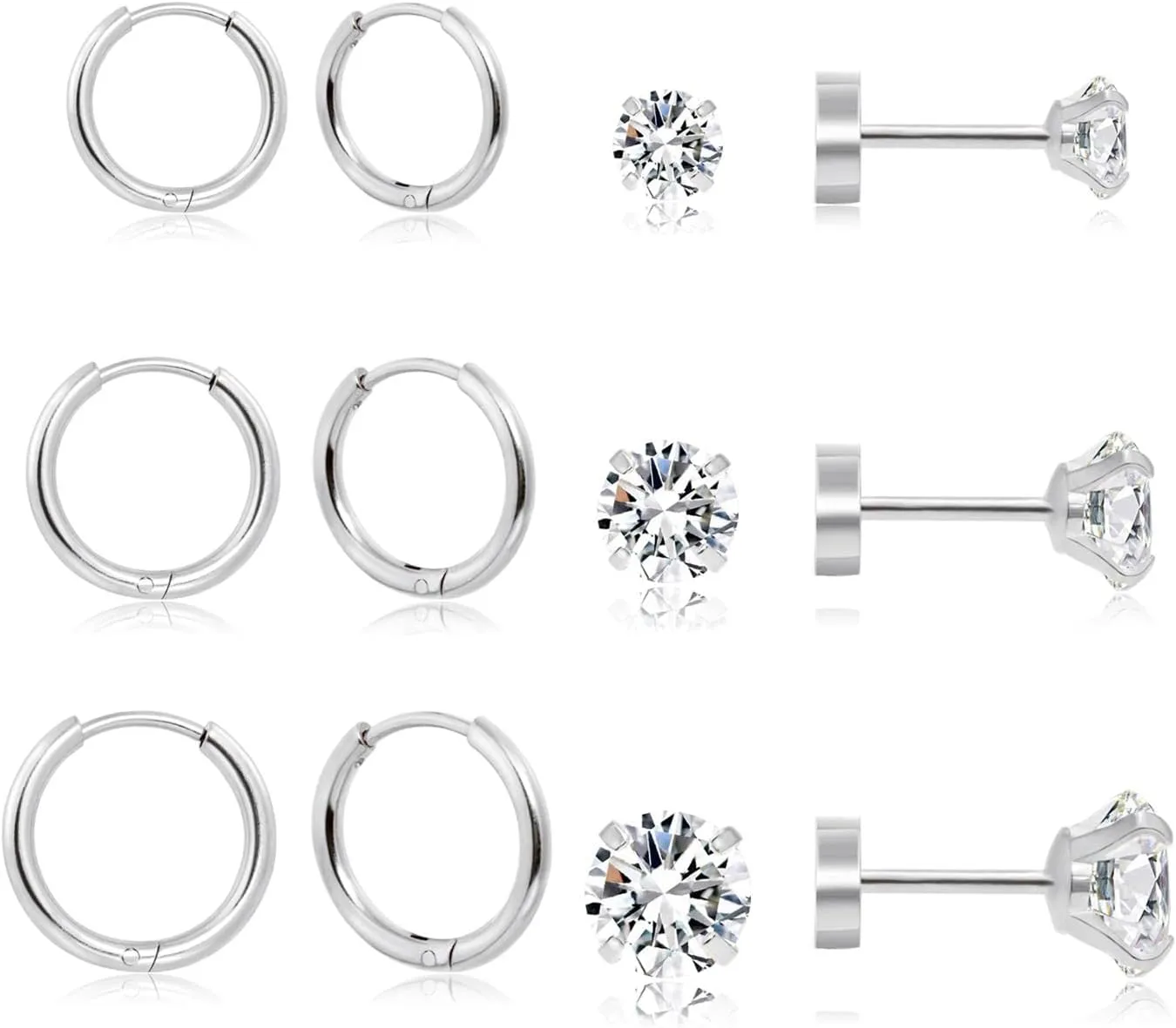 Dainty 6 Pairs Surgical Steel Earrings Sets for Multiple Piercing, Lightweight 14K Gold Plated Small Huggie Hoop Earrings, Flat Back Tiny Ball CZ Stud Earrings for Cartilage, Helix, Lobe, Hypoallergenic