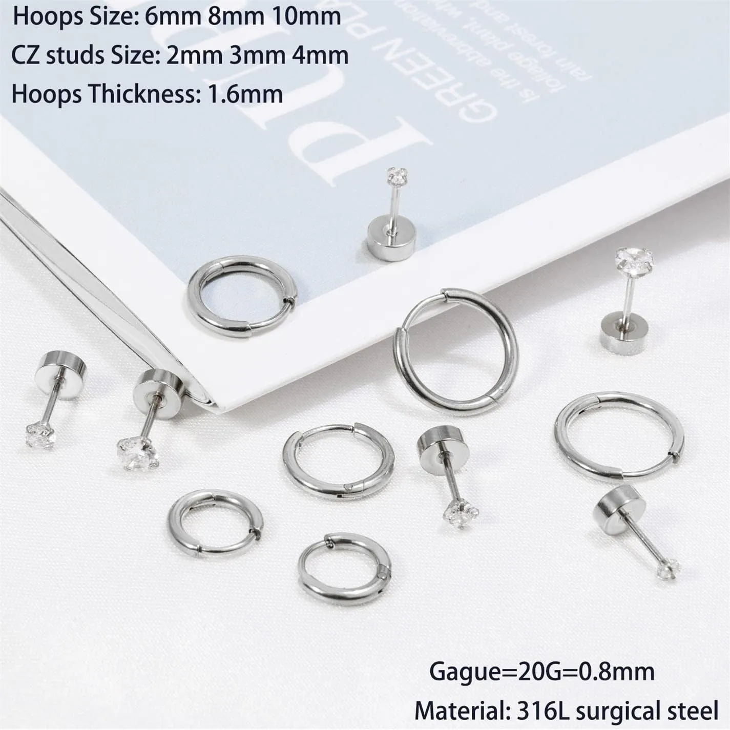 Dainty 6 Pairs Surgical Steel Earrings Sets for Multiple Piercing, Lightweight 14K Gold Plated Small Huggie Hoop Earrings, Flat Back Tiny Ball CZ Stud Earrings for Cartilage, Helix, Lobe, Hypoallergenic