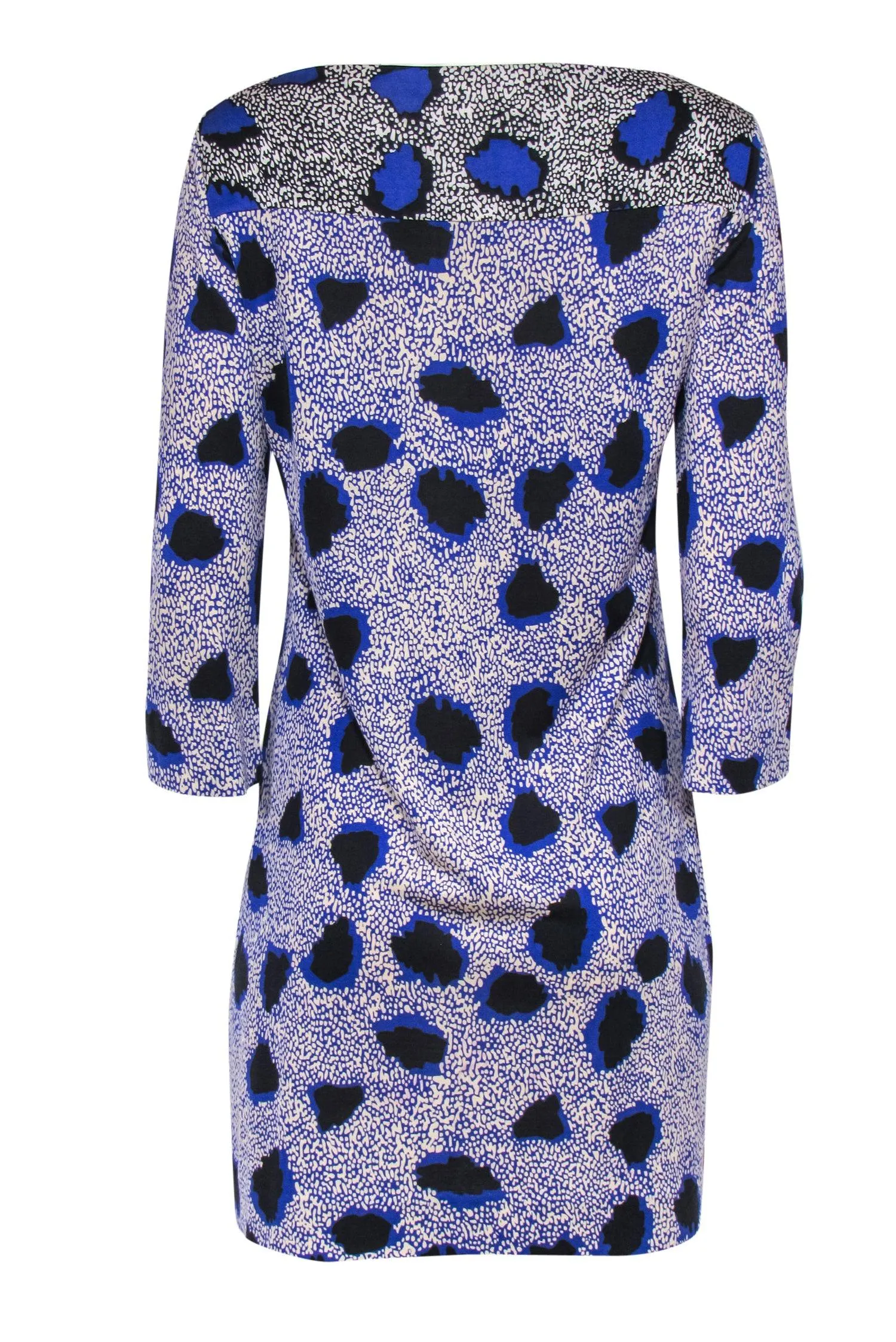 Diane von Furstenberg - Blue & Cream Printed Boat Neck Silk Shift Dress Sz 10