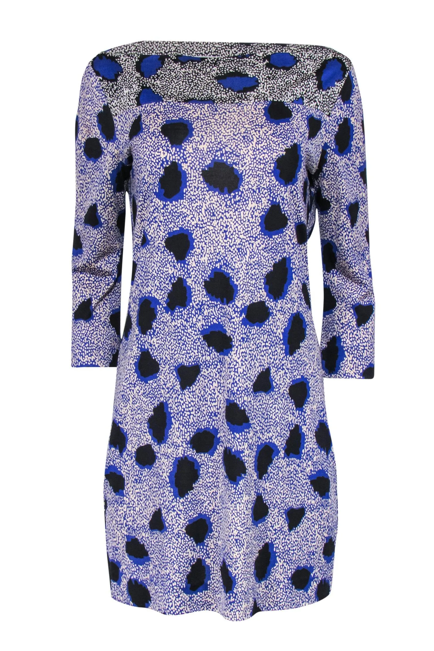 Diane von Furstenberg - Blue & Cream Printed Boat Neck Silk Shift Dress Sz 10