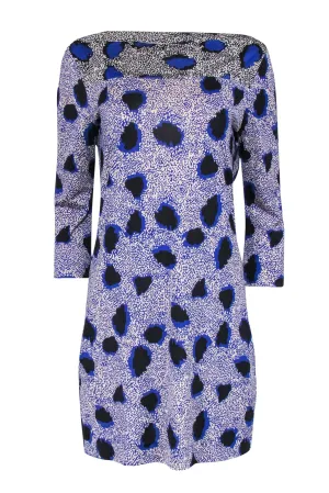 Diane von Furstenberg - Blue & Cream Printed Boat Neck Silk Shift Dress Sz 10