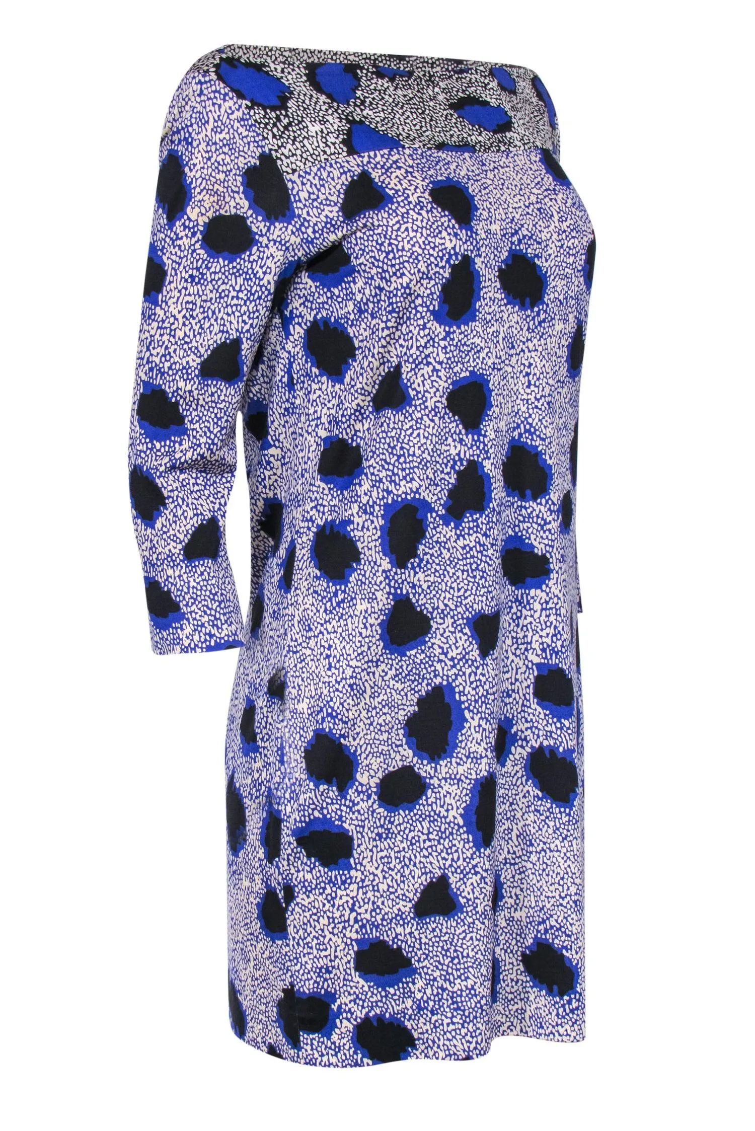 Diane von Furstenberg - Blue & Cream Printed Boat Neck Silk Shift Dress Sz 10