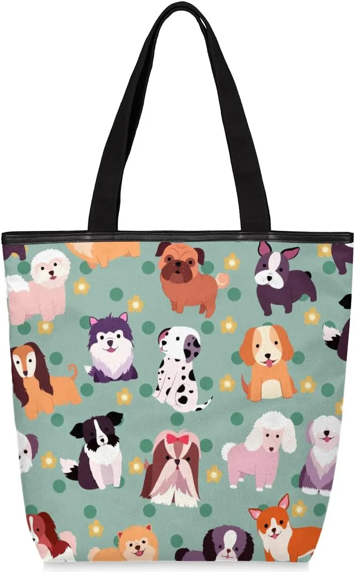 Dog Cute Canvas Tote Bag with Zipper and Pockets Canvas Tote Shopping Bag Women Reusable Grocery Bag for Beach Travel Gym Shopping
