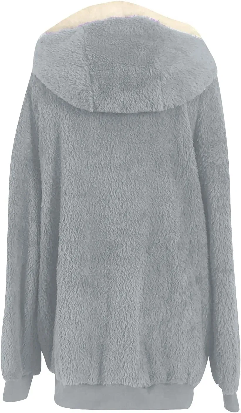 DOLKFU Women Oversized Winter Coat Jacket Zip Up Hooded Coats Shaggy Fleece Open Front Jackets Thick Sherpa Lined Warm Tops