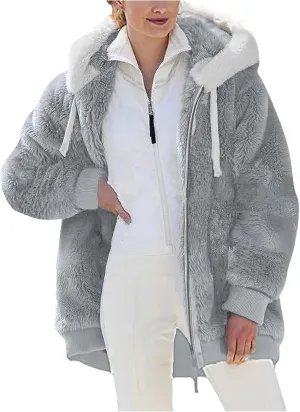 DOLKFU Women Oversized Winter Coat Jacket Zip Up Hooded Coats Shaggy Fleece Open Front Jackets Thick Sherpa Lined Warm Tops