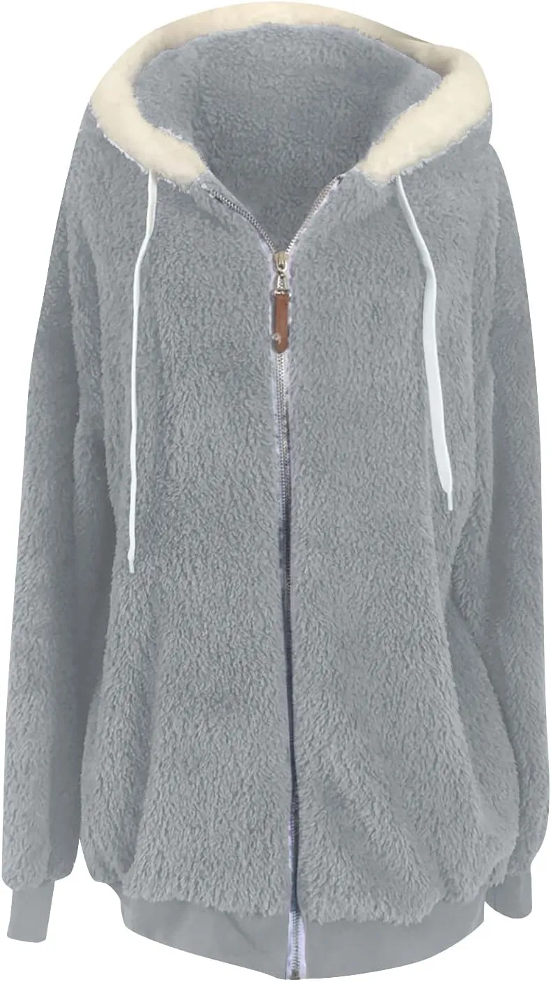 DOLKFU Women Oversized Winter Coat Jacket Zip Up Hooded Coats Shaggy Fleece Open Front Jackets Thick Sherpa Lined Warm Tops
