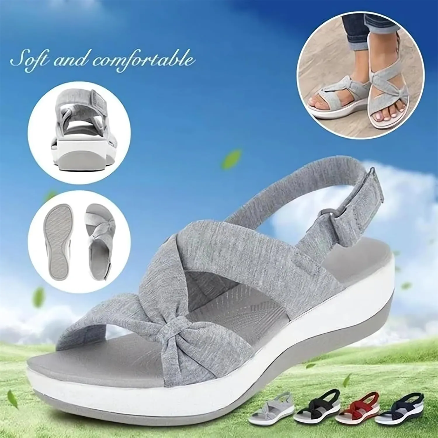 Dressy Sandals Women Comfortable Wedding Open Toe Orthopedic Sandals Soft Cushion Bow Decoration Wedge Sandal Summer Walking Shoes with Arch Support Ankle Strap Beach Sandal Breathable Lightweight