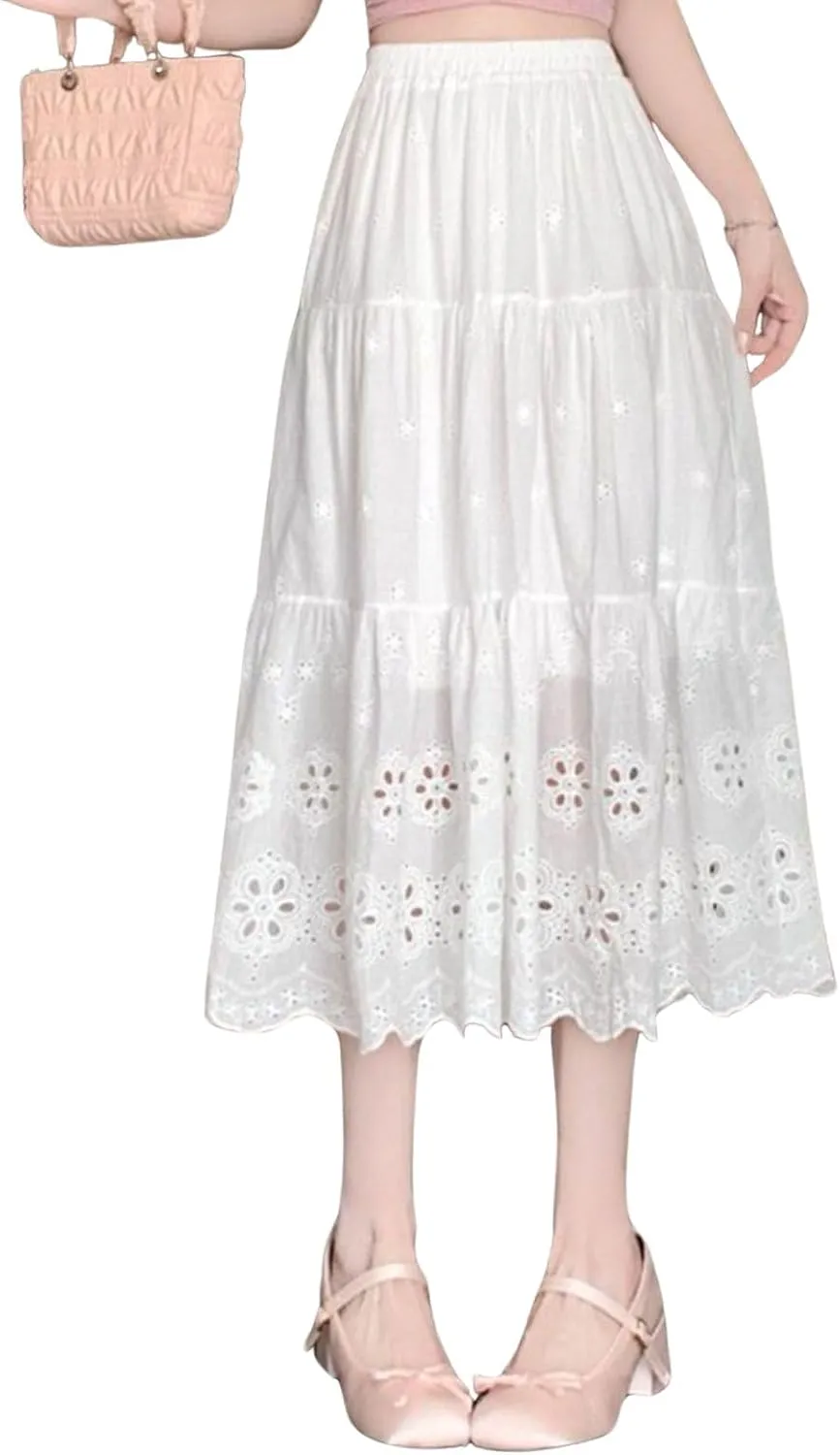 ebossy Womens Boho Eyelet Embroidery Cotton Skirt Elastic High Waisted Flowy Tiered A-Line Midi Long Skirts