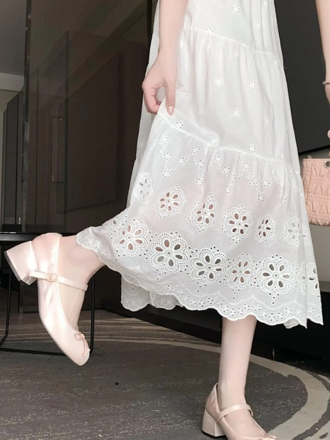 ebossy Womens Boho Eyelet Embroidery Cotton Skirt Elastic High Waisted Flowy Tiered A-Line Midi Long Skirts