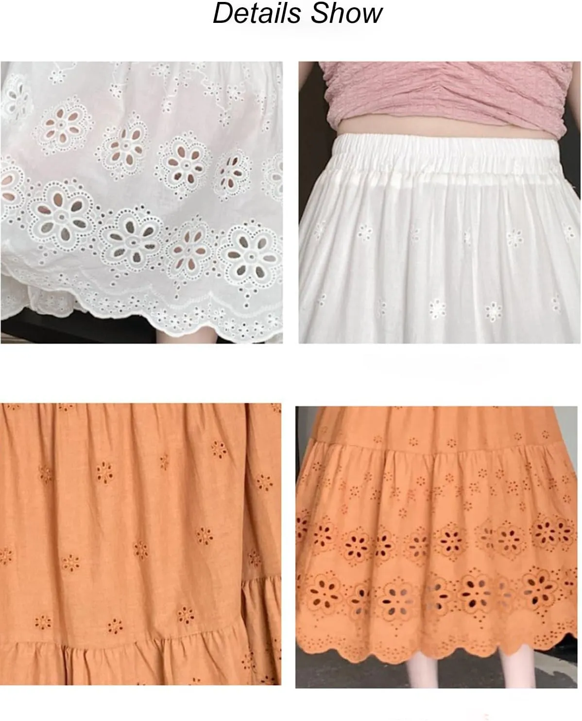 ebossy Womens Boho Eyelet Embroidery Cotton Skirt Elastic High Waisted Flowy Tiered A-Line Midi Long Skirts