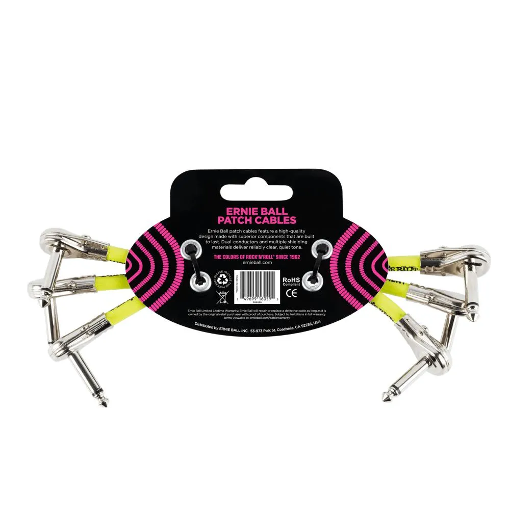 Ernie Ball Flat Angle Patch Cable 3 Pack, Black, 15 cm Length