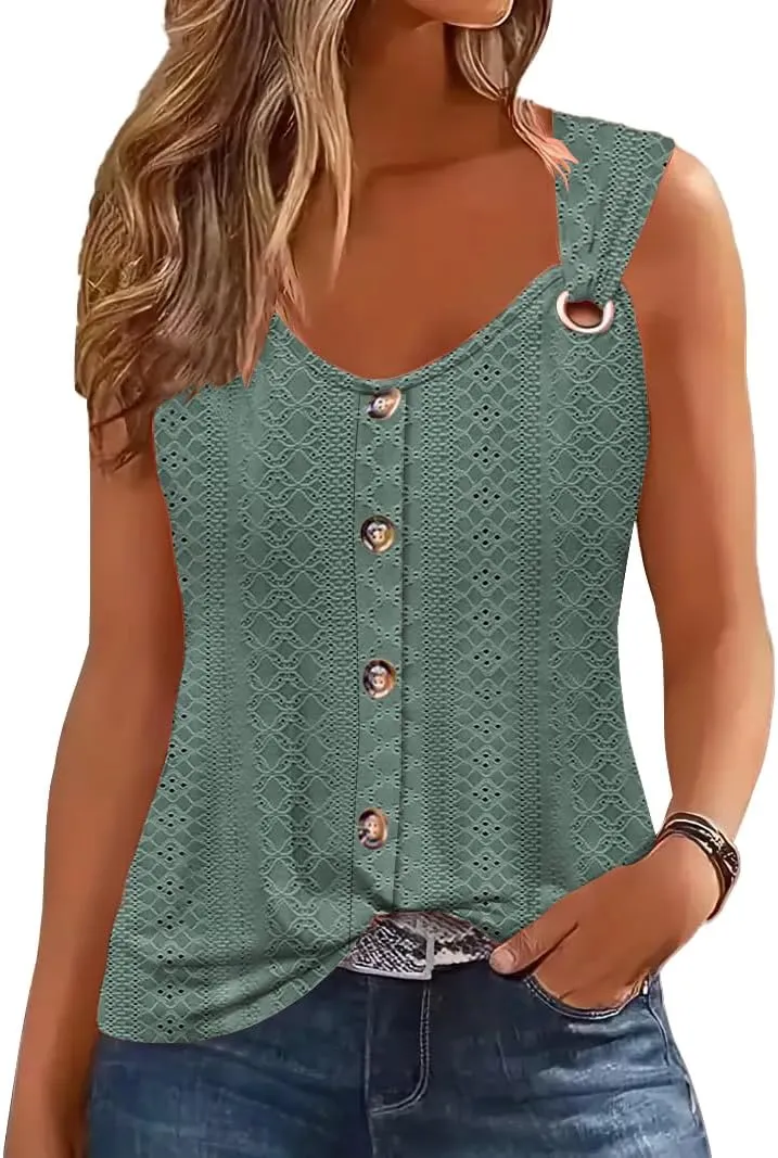 ETCYY Summer Tank Tops for Women 2025 Loose Fit Spring Outfits Lace Striped Tee Button Down Sleeveless T Shirts